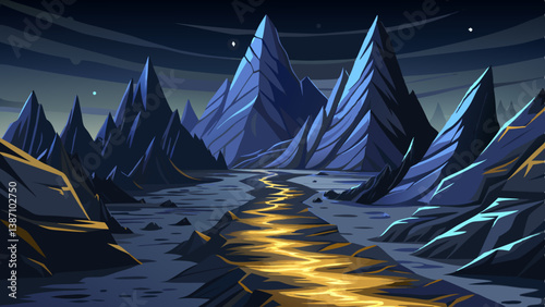 dark fantasy mountain landscape, starry night sky over a mountain range, with constellations clearly visible in the background