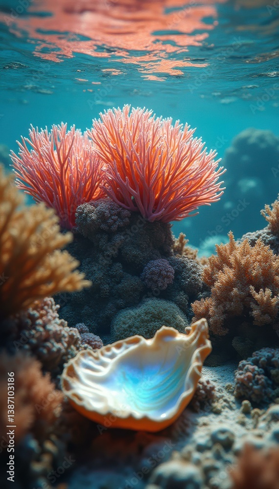Obraz premium Underwater Coral Reef Scene with Vibrant Soft Corals and Seashell on Sandy Seabed