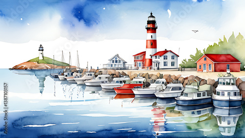 Watercolor Painting of Boats and Lighthouse in Peaceful Coastal Harbor