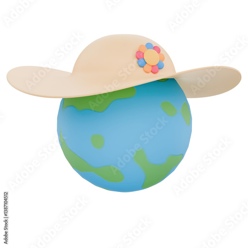 3D Globe Wearing a Beach Hat Icon Representing Global Summer Travel Adventures
