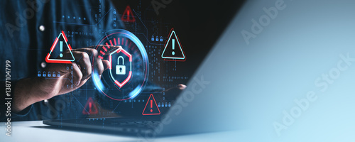 Cybersecurity threat detection concept with digital padlock and warning signs.