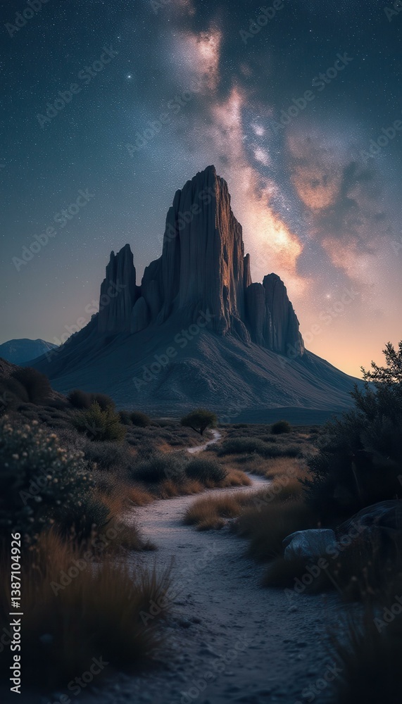 Towering rock formation under a star-filled sky, desert path leading to it, cinematic landscape