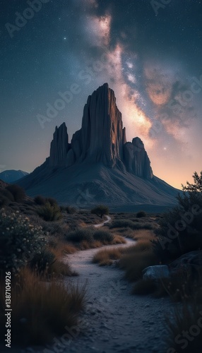 Obraz na płótnie Towering rock formation under a star-filled sky, desert path leading to it, cinematic landscape w salonie