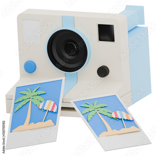 3D Instant Camera with Beach Photos Icon Representing Capturing Summer Memories and Travel Moments