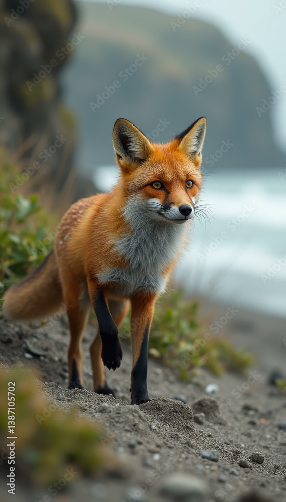 Obraz premium Captivating Red Fox Portrait on Coastal Terrain with Sharp Focus and Natural Lighting