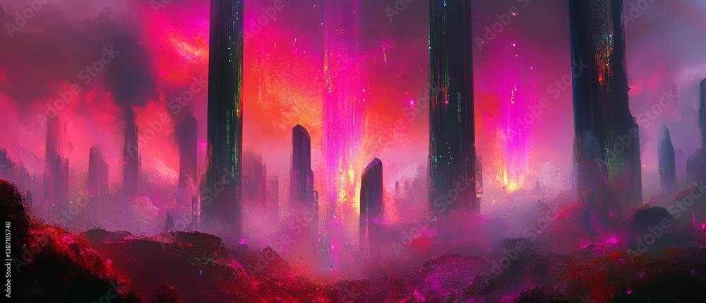Fototapeta premium Abstract landscape with tall dark shapes and vibrant pink and