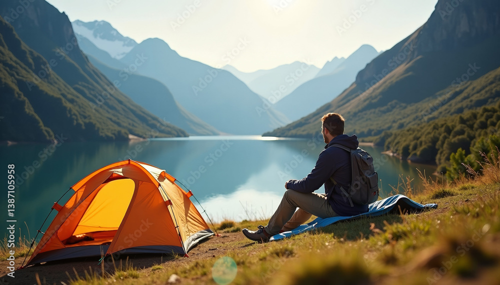 Fototapeta premium Peaceful Mountain Lake Camping Experience