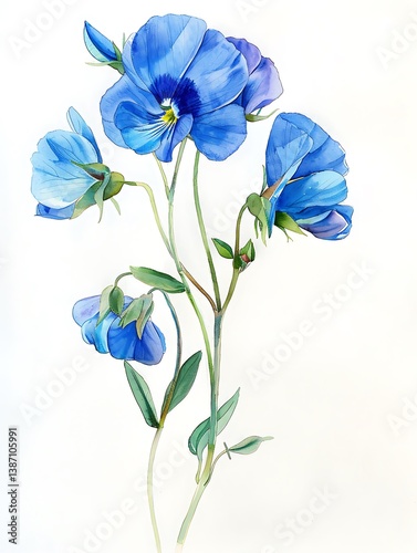 Watercolor Blue Sweet Pea Isolated on White Background. Beautiful Sweet Pea Flower