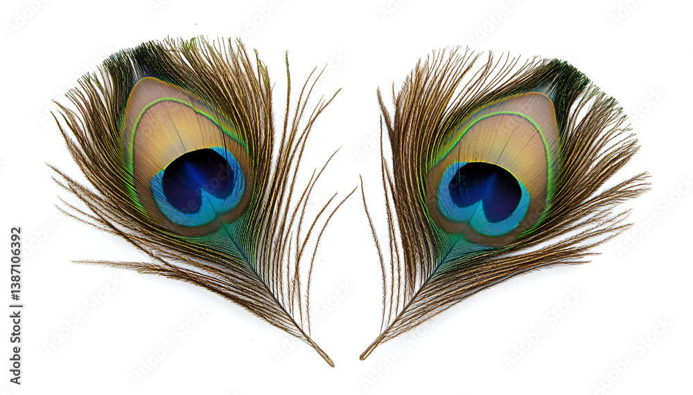 Fototapeta premium Two beautiful peacock feathers isolated on white