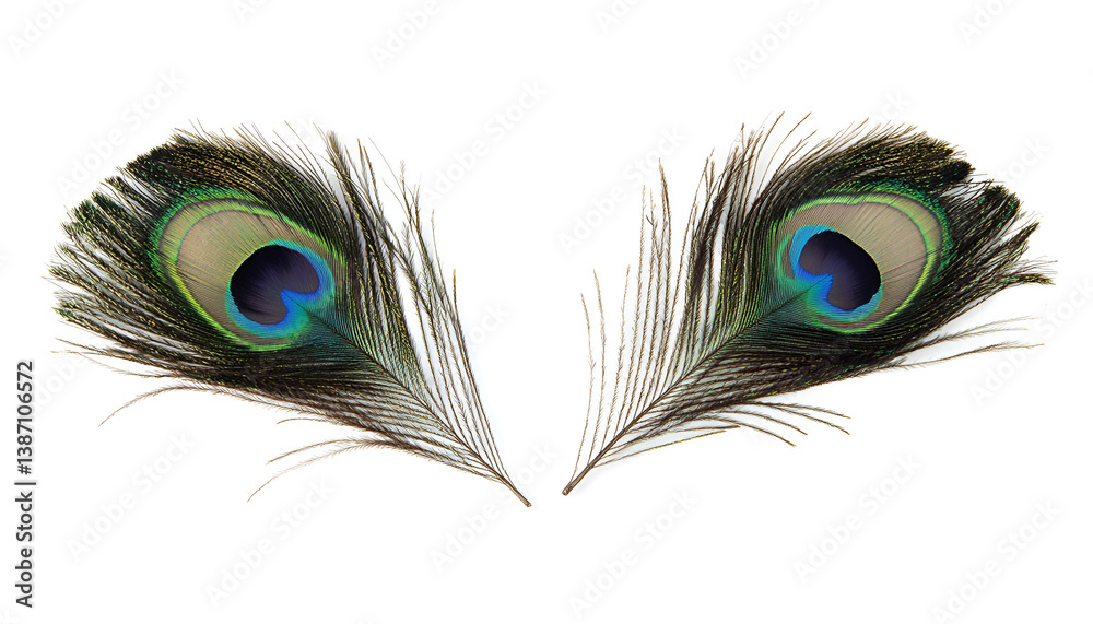 Obraz premium Two beautiful peacock feathers isolated on white