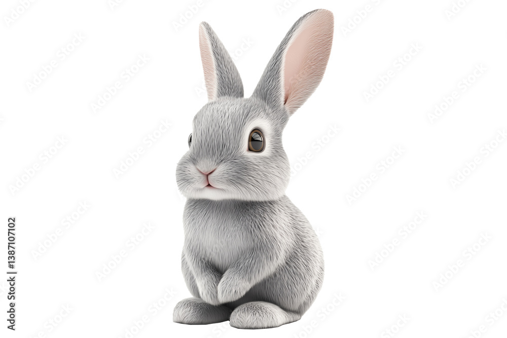 Obraz premium Adorable fluffy gray rabbit sitting with perked ears, isolated on white transparent background. Concept of wildlife, pets, and Easter symbolism