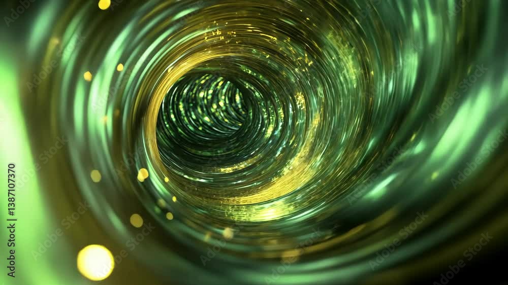 Abstract green and gold swirling vortex tunnel creating a hypnotic visual effect with depth and movement in a futuristic design.