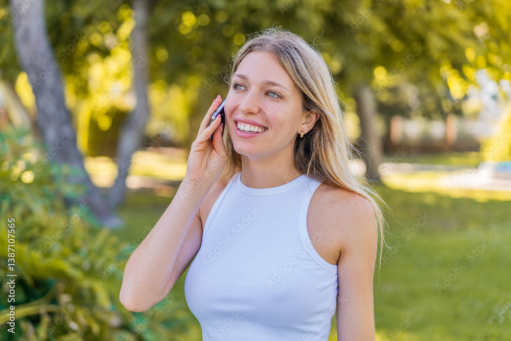 Young blonde woman at outdoors keeping a conversation with the mobile phone Young blonde woman at outdoors keeping a conversation with the mobile phone