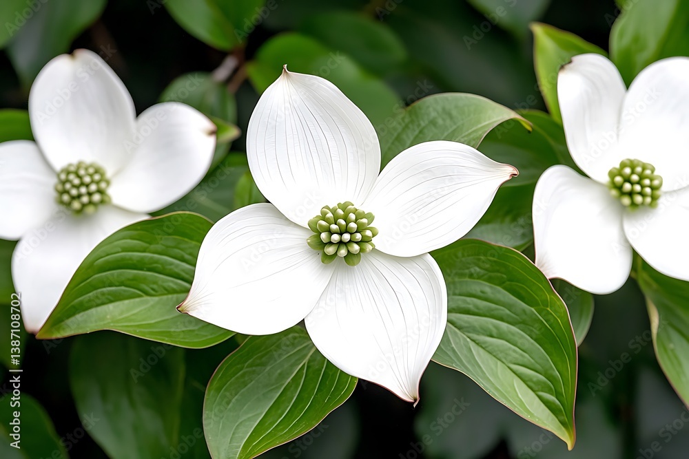 Fototapeta premium Beautiful Blooming White Flower with Green Center and Leaves