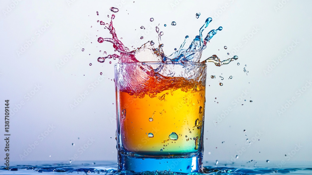 A vibrant splash of colorful liquid erupting from a clear glass against a bright background scene shot A vibrant splash of colorful liquid erupting from a clear glass against a bright background scene shot