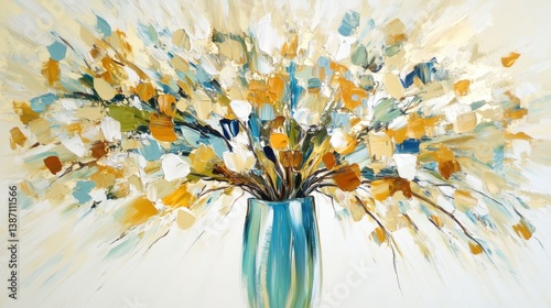 Vibrant Abstract Flower Arrangement in Teal and Gold Vase