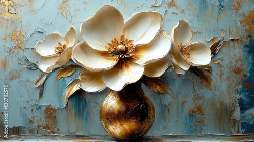 Elegant White Flowers in Golden Vase Against Textured Blue Background