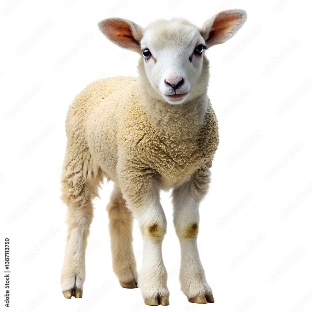 Fototapeta premium Cute Lamb Standing On white Background Adorable Baby Sheep Portrait