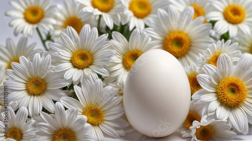 Close-up of  white egg surrounded by white daisies with yellow centers.