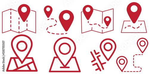 Map and location symbols set. Mapping icon collection. Geolocation map path distance. GPS cartography position. Pinpoint, map search, route, navigator - vector stock