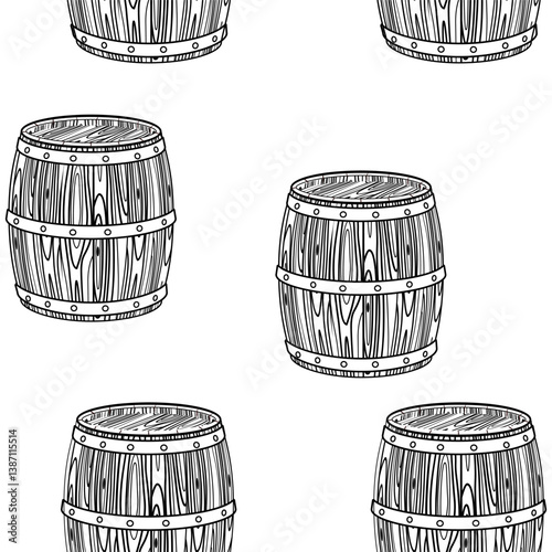 Seamless pattern doodle wooden barrel. Oak container for storage of wine, beer, whiskey