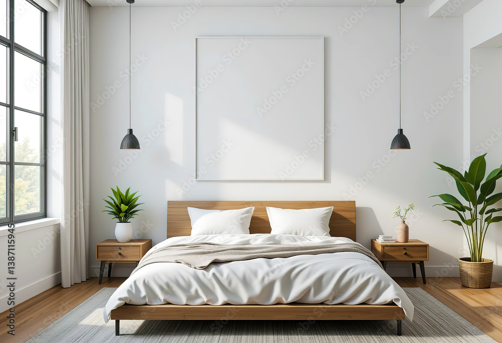 Fototapeta premium Minimalist bedroom interior with large blank white poster on white wall. 3D Rendering