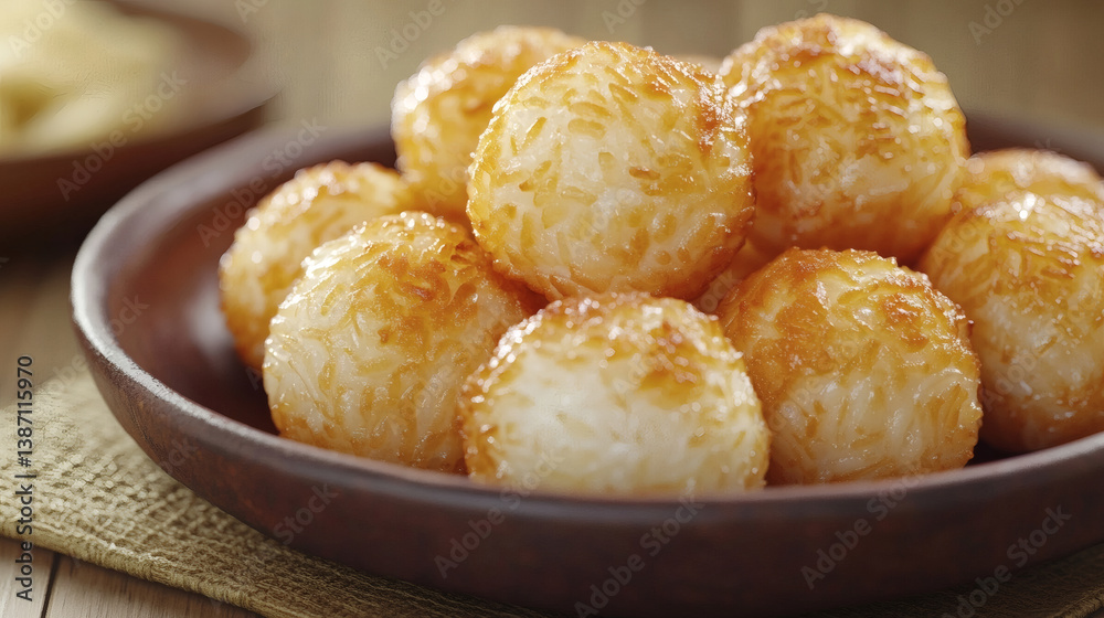 Close-Up of Crispy Rice Balls on Rustic Napkin Close-Up of Crispy Rice Balls on Rustic Napkin