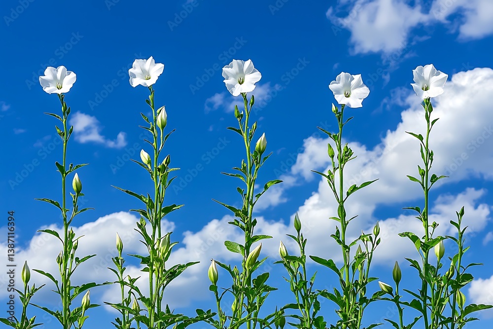 Fototapeta premium Delicate White Flowers Against a Bright Blue Sky with Clouds