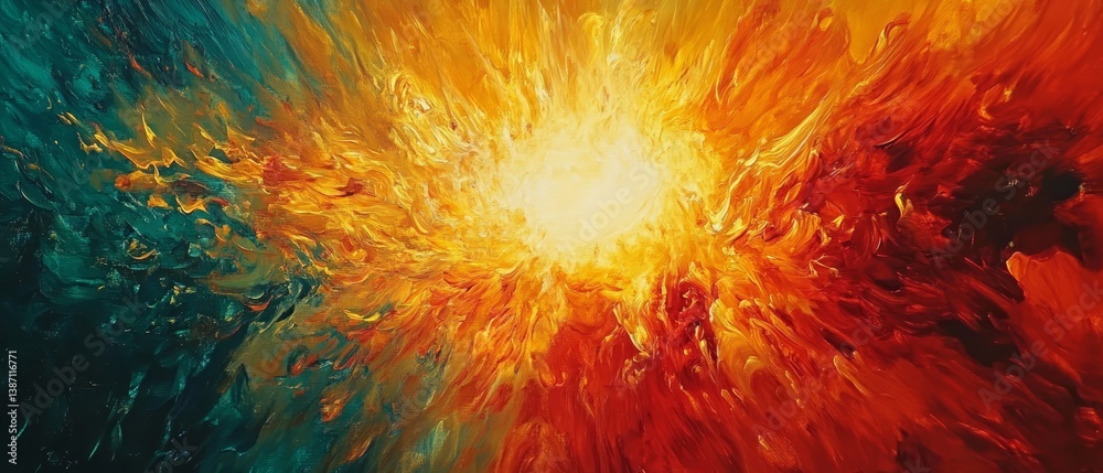 Abstract painting with bright center light surrounded by red orange Abstract painting with bright center light surrounded by red orange