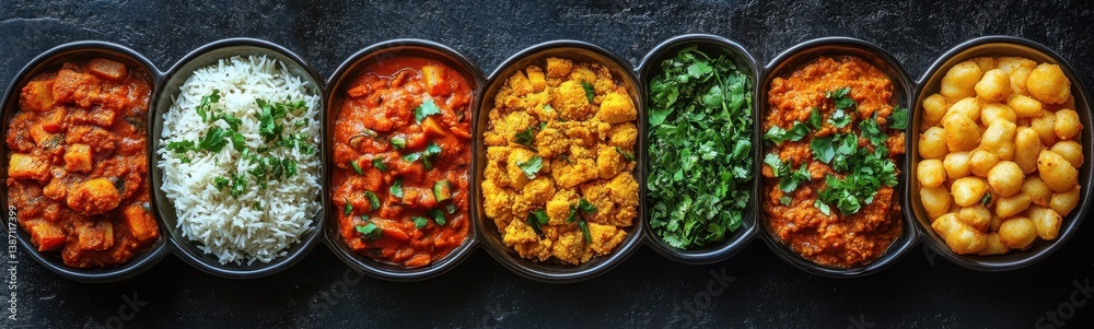 A close up of a row of bowls of food with rice and vegetables indian food A close up of a row of bowls of food with rice and vegetables indian food