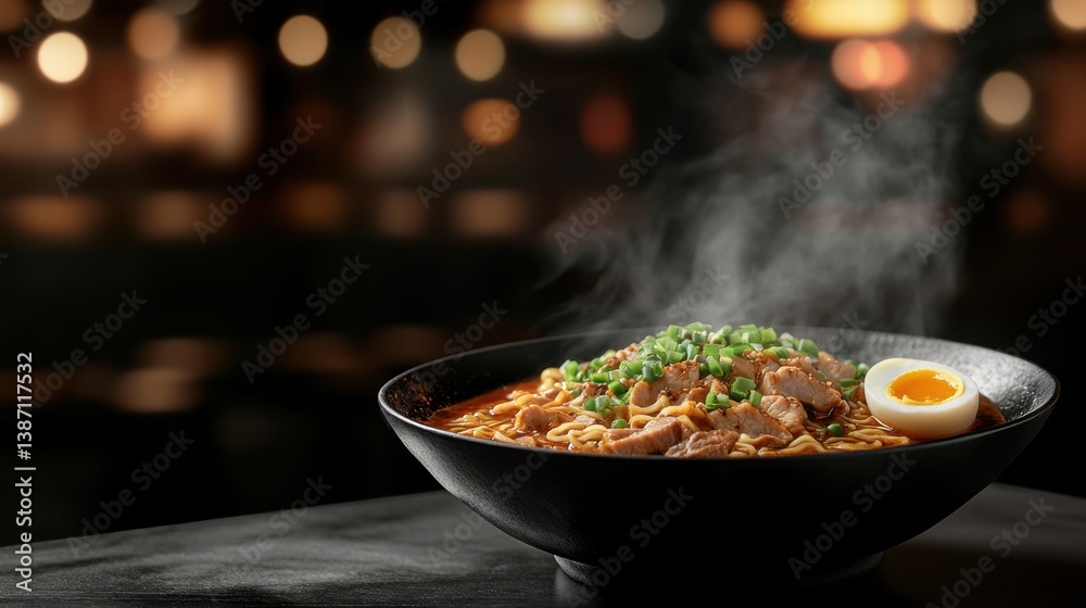 A bowl of spicy ramen with tender pork slices, soft-boiled egg