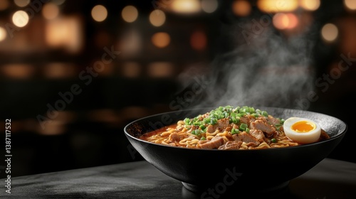 Obraz na płótnie A bowl of spicy ramen with tender pork slices, soft-boiled egg w salonie