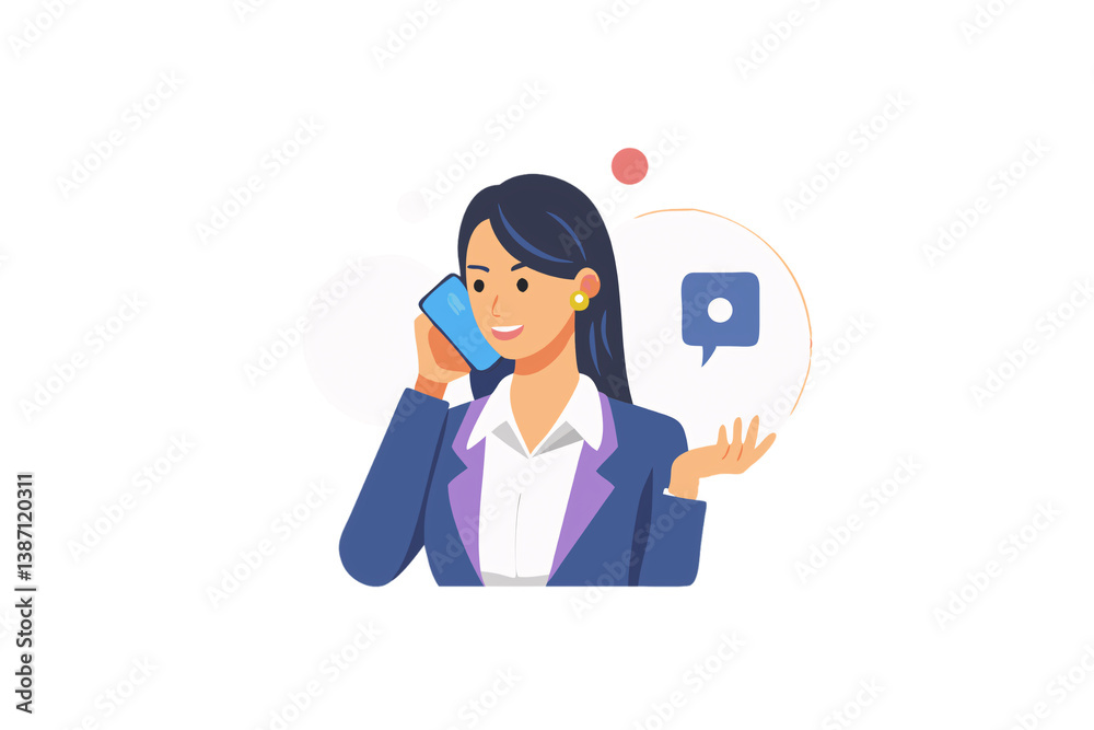 Cartoon businesswoman in purple suit smiles while holding phone, gesturing mid-conversation with speech bubble icons, isolated on a transparent background Cartoon businesswoman in purple suit smiles while holding phone, gesturing mid-conversation with speech bubble icons, isolated on a transparent background