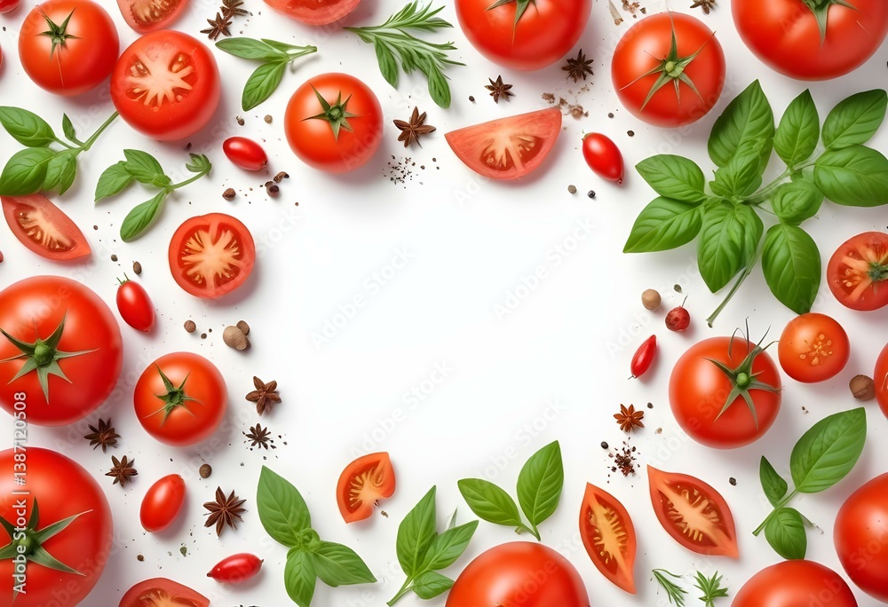 fresh tomato, herbs and spices isolated on white background fresh tomato, herbs and spices isolated on white background