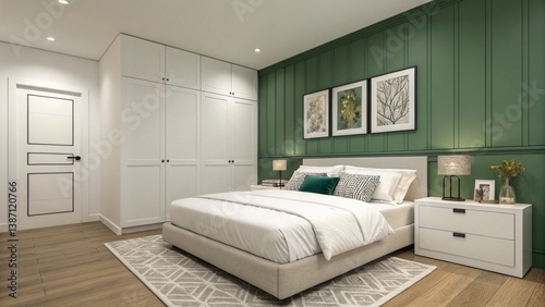 Modern bedroom with green accent wall and minimalist decor