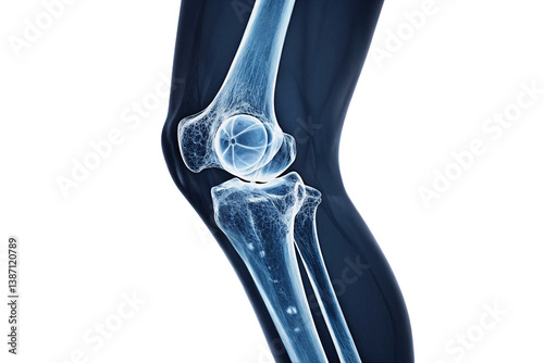 Detailed anatomical rendering of a knee joint from the side, showing ligaments and bone density, isolated on a transparent background