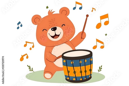 Cute Cartoon Bear Playing Drum with Musical Notes Background
