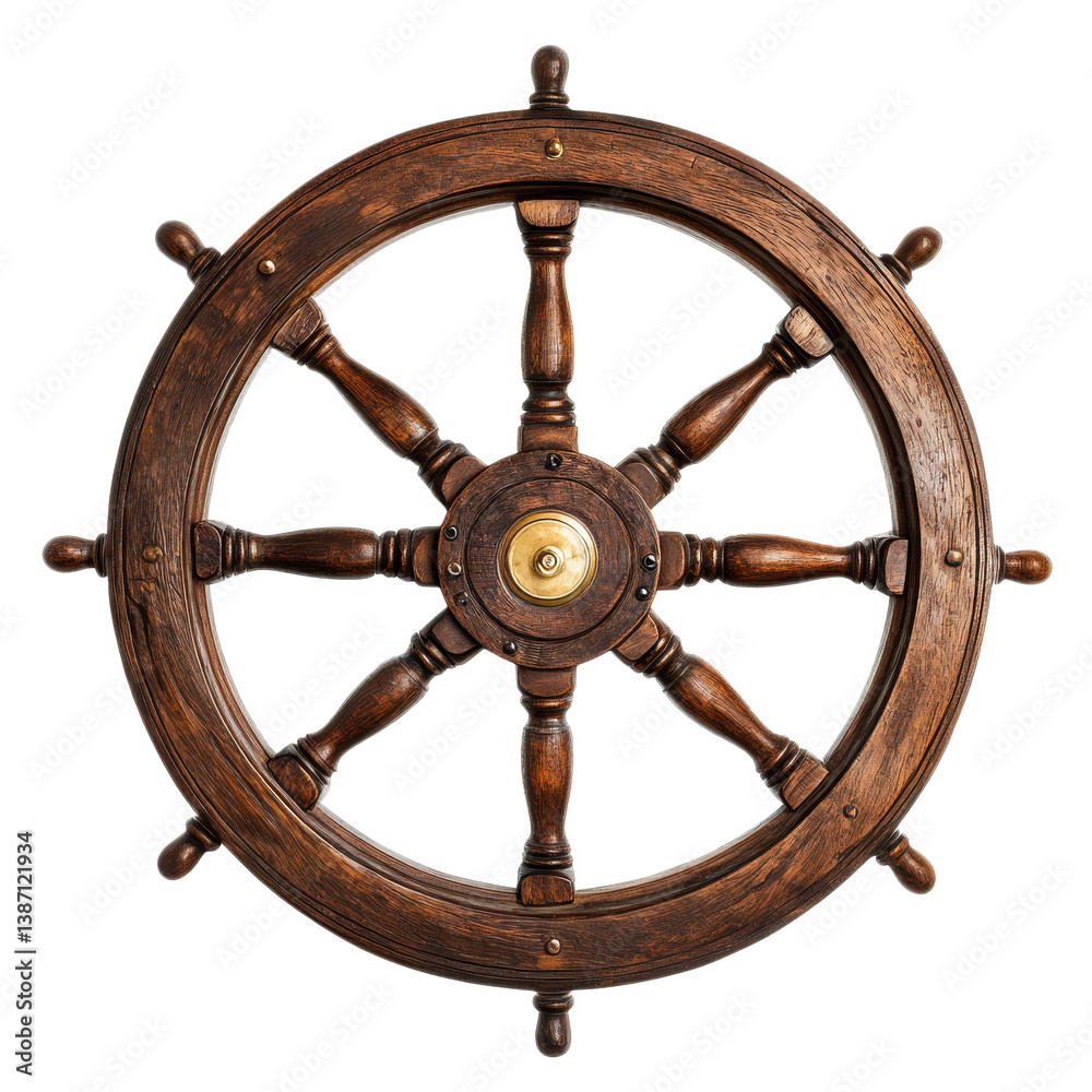 Obraz premium Wooden ship wheel nautical decoration on transparent background