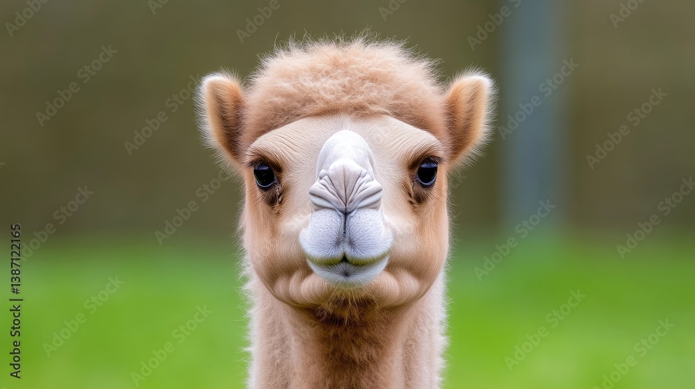 Fototapeta premium A curious baby camel staring directly at the camera with soft fur and expressive eyes, standing in a lush green field, and close-up portrait.