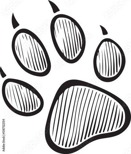 Wild Animal Paw Print Bear Wolf Black and White Vector Illustration Symbol, Sketch Drawing Line Linear Engraving, Hand-drawn Isolated Icon