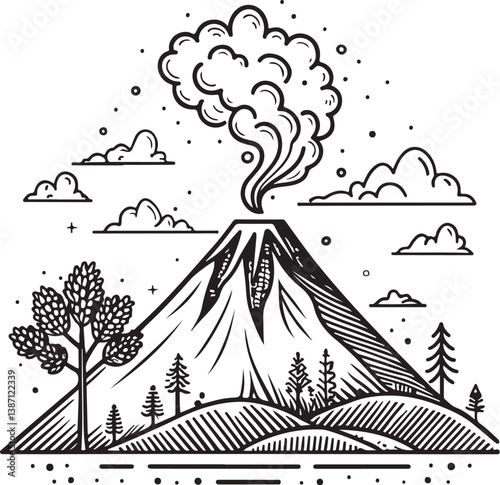 Volcano Erupting Black and White Vector Illustration Symbol, Sketch Drawing Line Linear Engraving, Hand-drawn Isolated Icon