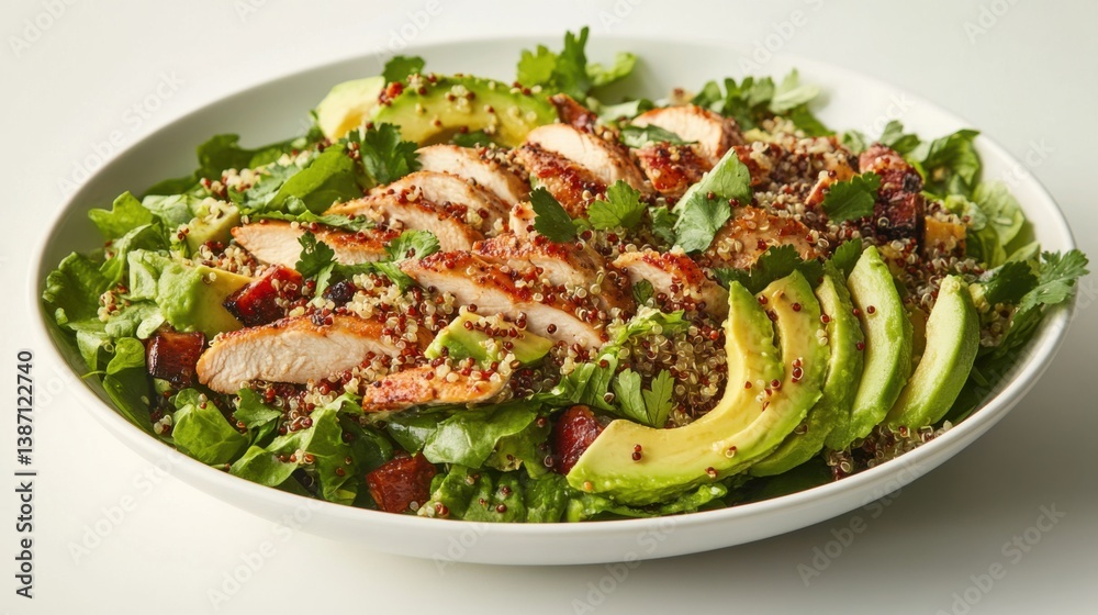 A vibrant salad with roasted chicken, avocado, and quinoa. Featuring health and balance A vibrant salad with roasted chicken, avocado, and quinoa. Featuring health and balance