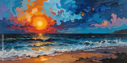 Vibrant Abstract Seascape Painting with Dramatic Sunset and Dynamic Ocean Waves in Bold Colors