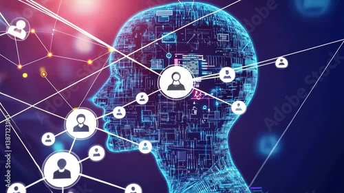 Abstract human profile surrounded by icons, dots and lines forming a digital internet network