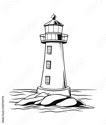 Isolated lighthouse vector illustration on rocks seashore in black and white icon.