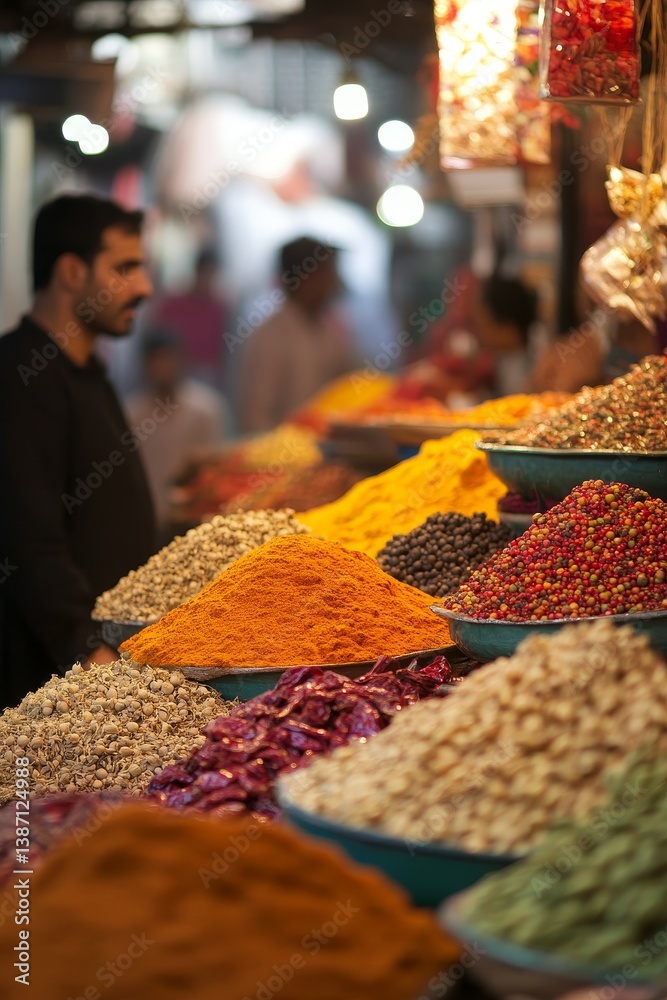 Fototapeta premium Colorful spices displayed at a market stall with a man