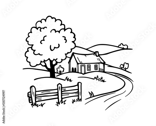 Peaceful Countryside Home Illustration with Rolling Hills Sketch