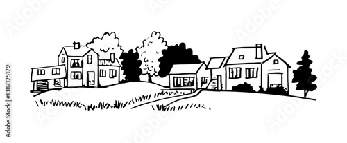 Hand drawn illustration of houses landscape, sketched design of a small town, black on white.