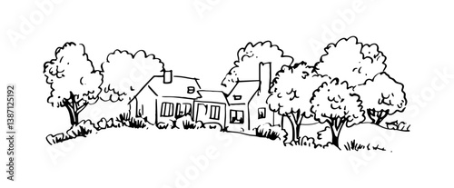 Hand drawn vector sketch of countryside houses and trees. Simple black and white illustration.