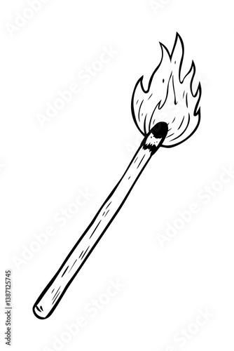Single Drawn Matchstick with Flame, Isolated on White Background